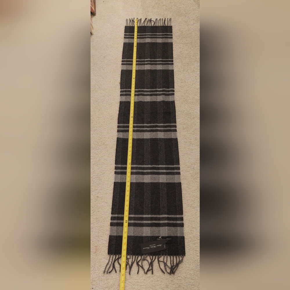 New!Men's Black and Gray Striped Plaid  100% Lambwool Scarf Made In Italy